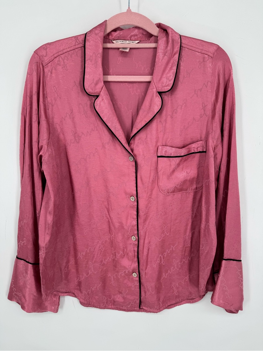 Victoria's Secret Women's Pink Satin Long Sleeve Pajama Button Top Size Large